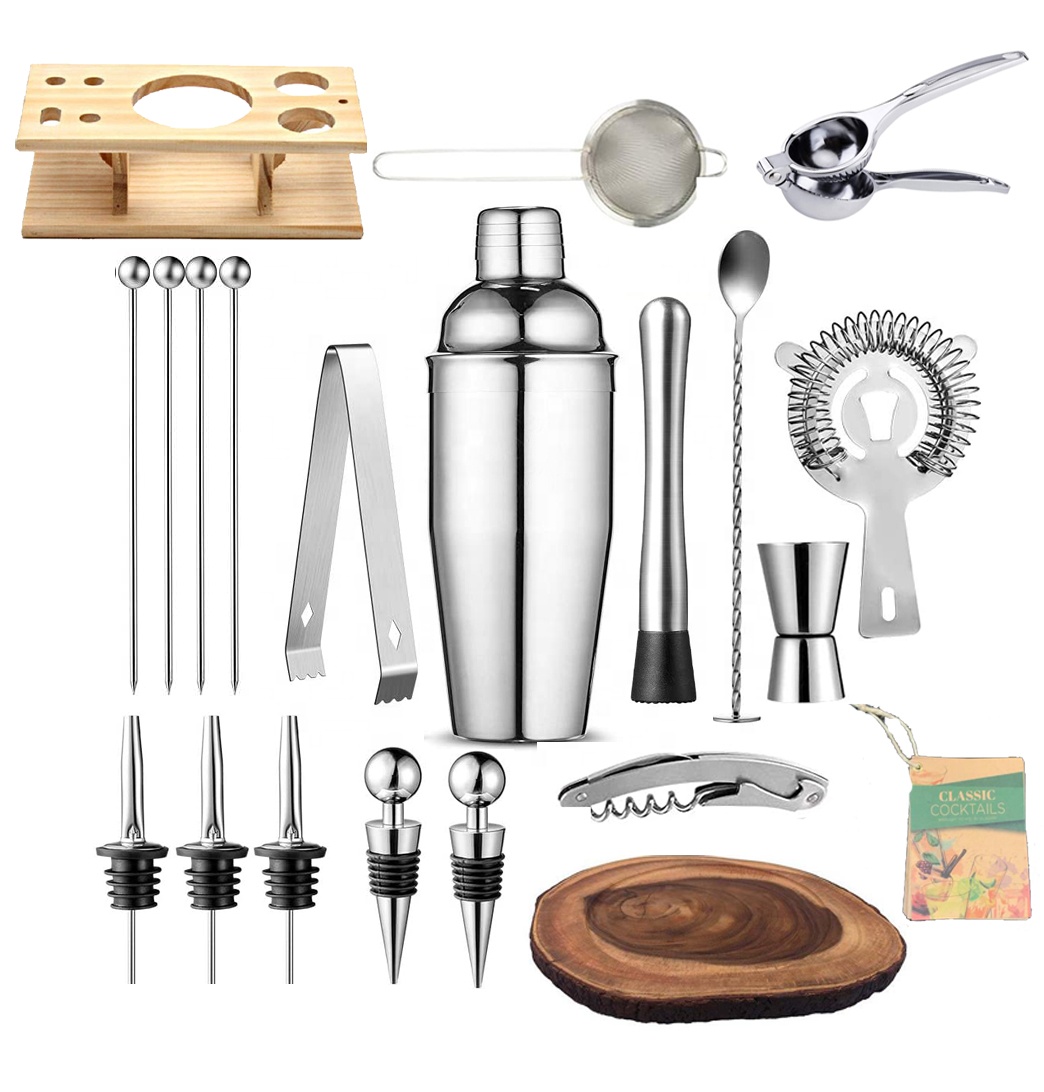 Amazon 21 Pieces Shakers Cocktail Leak Proof Bar Tools Set Professional Stainless Steel Martini Shaker Set wtih Bamboo Stand