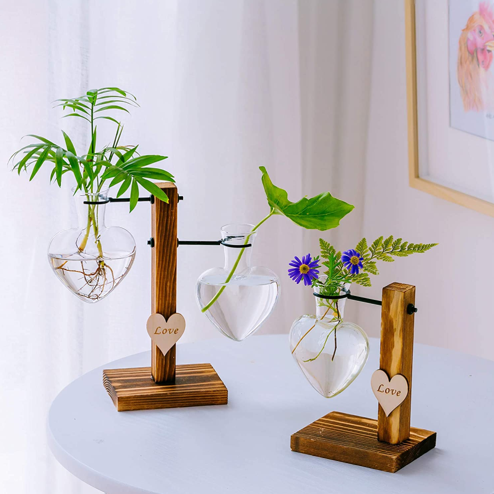 Creative Hydroponic Flower Vases Heart Shape Terrarium Plant Pot Clear Vase Wooden Frame Glass Tabletop Home Decor Eco-friendly