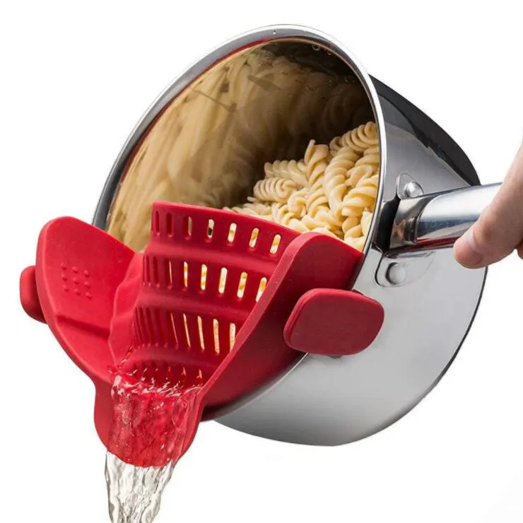 K81 Kitchen Colanders Strain Wash Rice Spout Vegetable Food Draining Silicone Clip On Colander Strainer for Pans Bowls