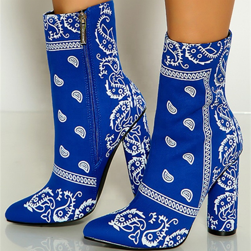 2021 Autumn New Design Bandanna Shoes Booty Side Zip Short Ankle Boots for Women High Chunky Heel cheap