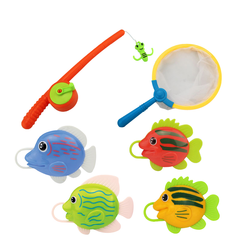 Early educational funny baby bathing toys plastic fish with fishing brail