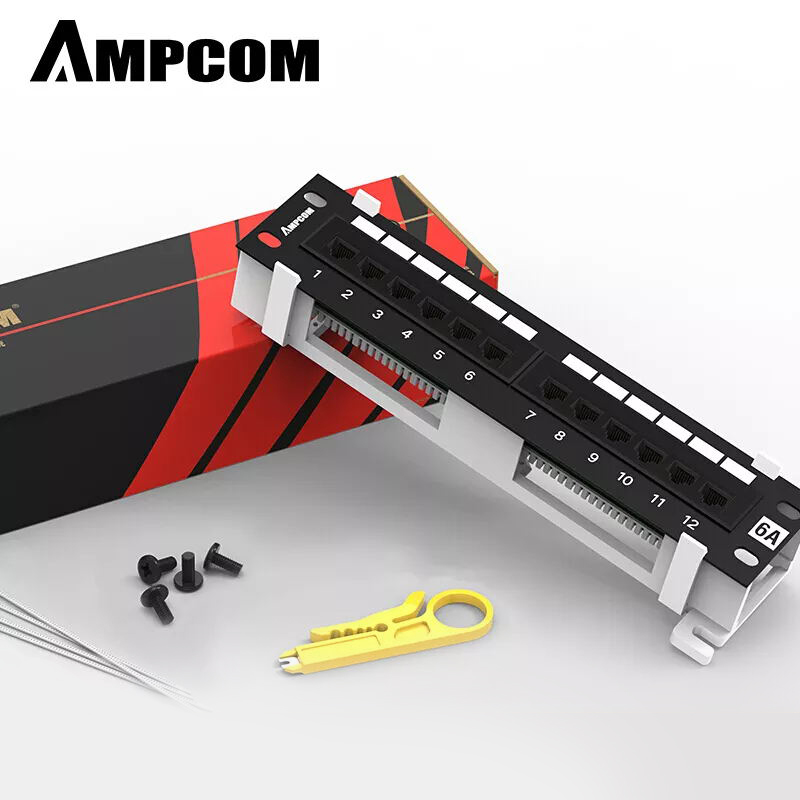 Ampcom 12-порт Cat6A / Cat6/ Cat5E UTP мини патч-панель с Настенный кронштейн в комплекте черного цвета