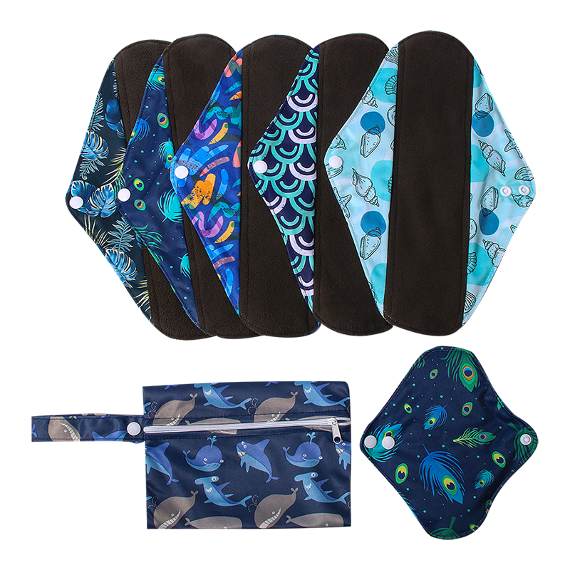 20*30cm Washable Sanitary Pads Bamboo Charcoal Reusable Hygienique Digital printing Women Menstrual Pads Size S M L