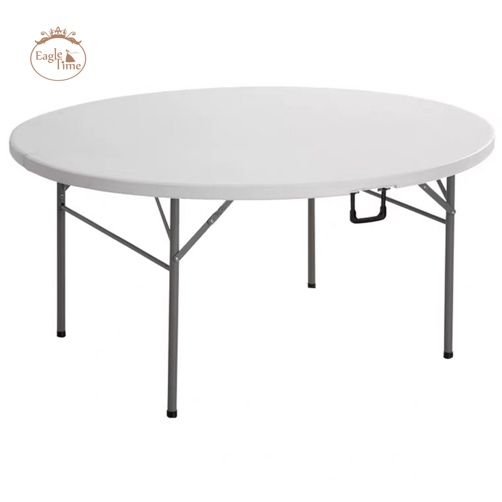 White plastic folding round dining table available for outdoor casual wedding banquet party events