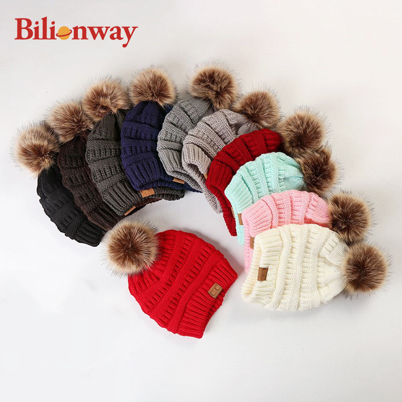Custom logo children hats caps winter unisex women baby knitted pom pom fur kids beanie hats