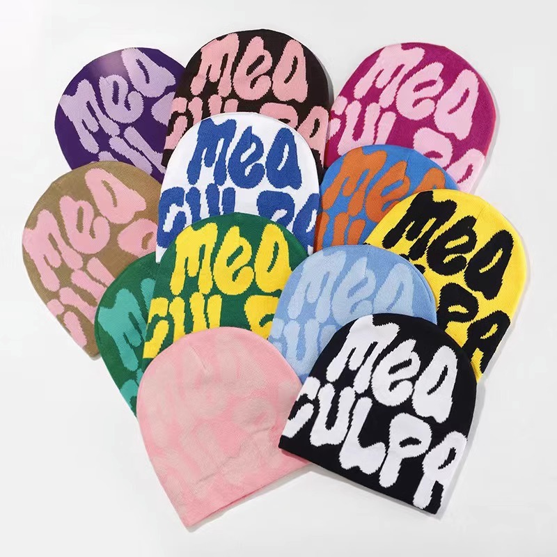 Fashionable Autumn Hip-hop Trendy Letter Jacquard Acrylic Custom Knitted Cuff Beanie Hat