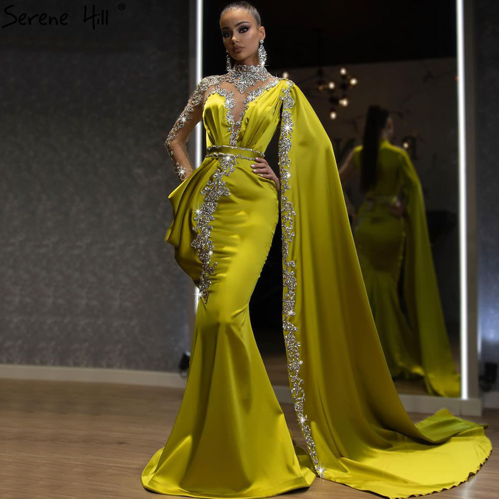 Serene Hill High Collar Beaded Ginger Color Mermaid Evening Gowns Women Long Sleeves Party Dress 2021 With Side Train LA70869