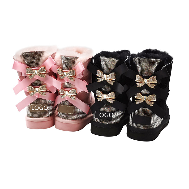 2021 Outdoor Winter Warm Boots Wome Rhinestone Sheepskin Shoes Sheep Fur Lined Snow Glitter Boots