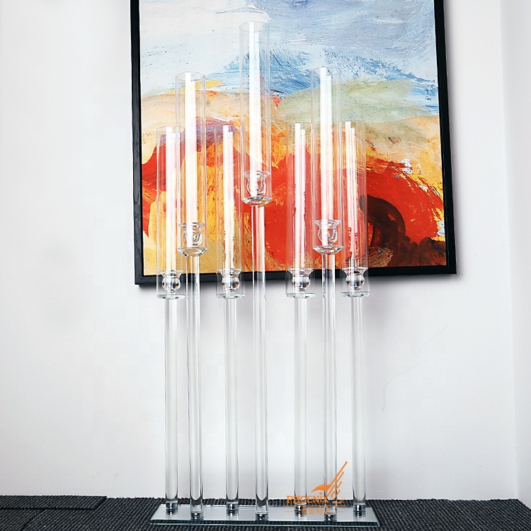 100 см высокие 7 рук Свадебные стеклянные трубки Хрустальный votive candelabra зеркальное основание дерево центральные части подсвечники на продажу