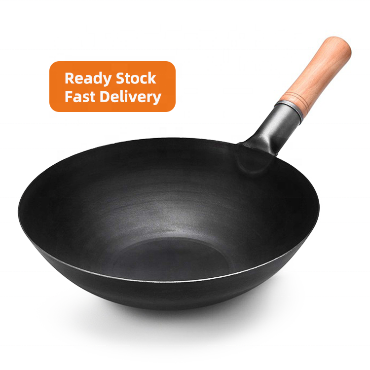 Wholesale Commercial Fry Wok Pan Non-stick Gas Cooker Non Stick Cast Iron Wok With Wooden Handle