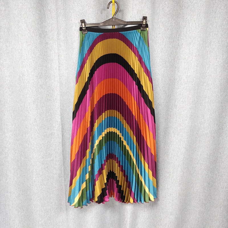 Pleated skirt in the long summer high waist stripe thin elastic waist A-line skirt
