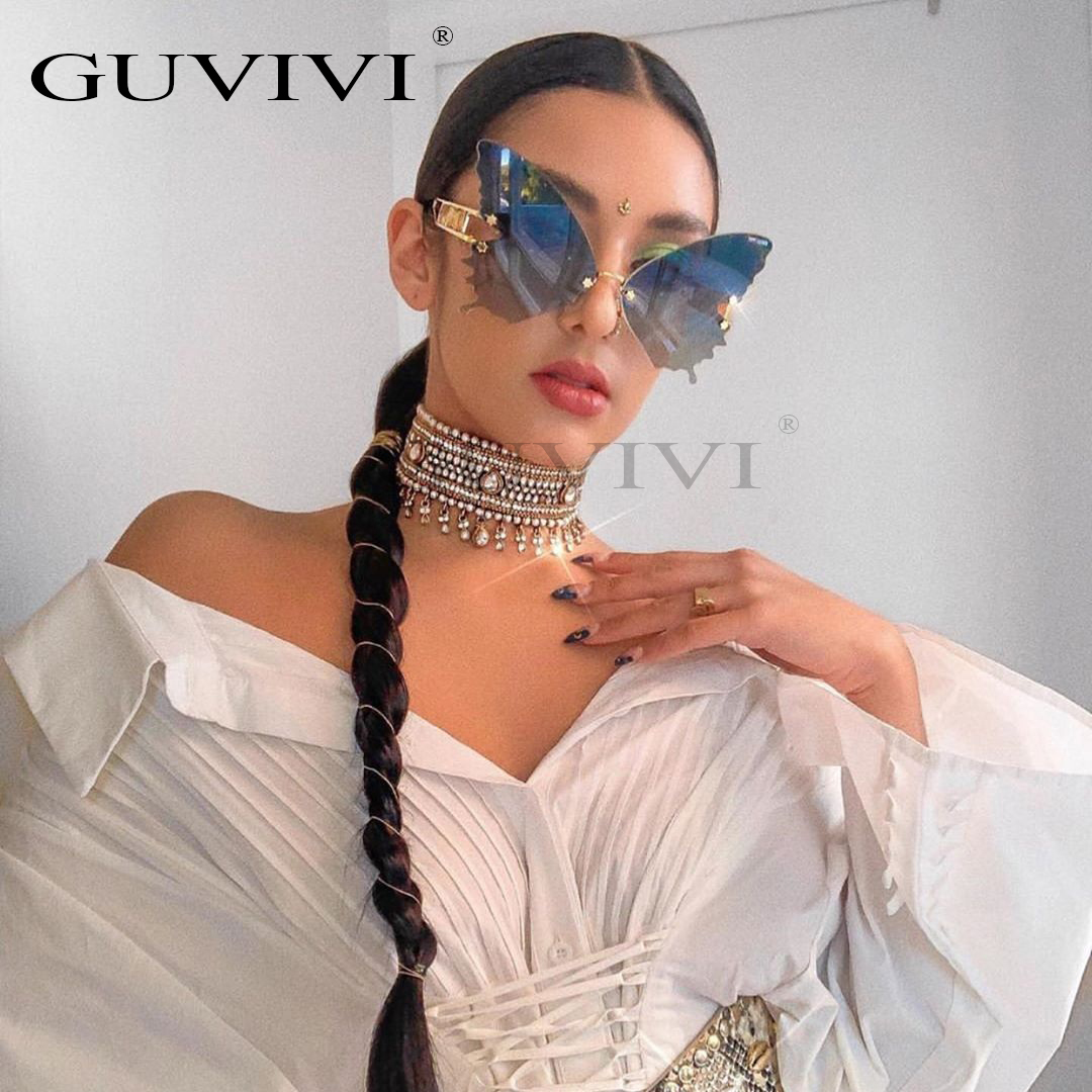 Солнечные очки GUVIVI без оправы женские, шикарные брендовые дизайнерские модные большие солнцезащитные очки UV400 в стиле стимпанк