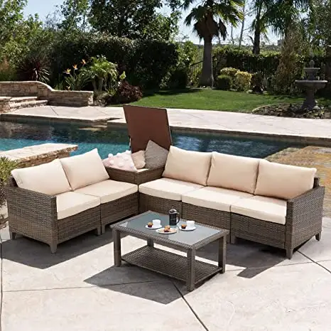 7 Pieces Sectional PE Rattan Sofa Outdoor Patio Furniture Set with Glass Table Cushions and Pillows Patio Sofa garden daybed