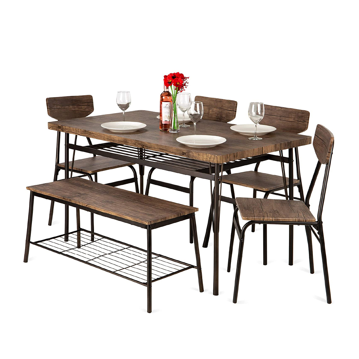 New Product Factory Price Modern Wooden Dining Tables and Chairs Sets with Metal Shelf and Legs for Home Dining Room