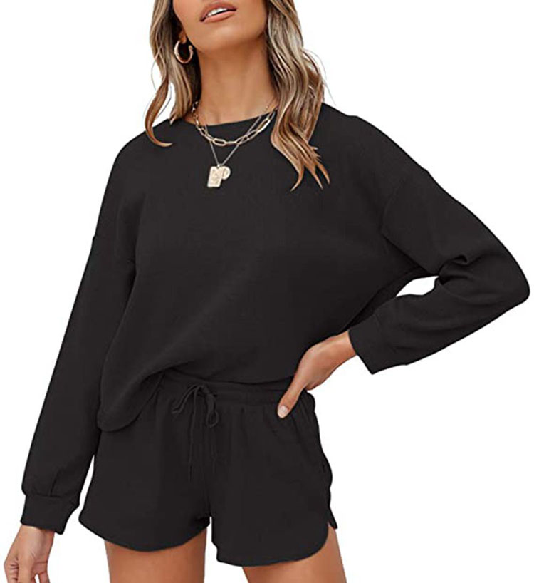 2021 Fall New Waffle Solid Color Round Neck Cotton Pajama Set Laze Nightwear Women Sleepwear Set Pajamas