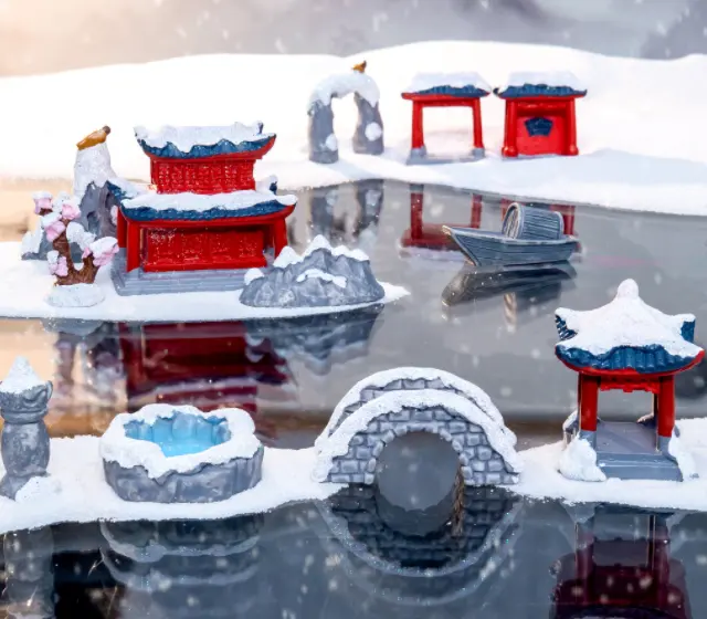 Китайский стиль полимерный мини-мост фигурки пруд башня павильон коридор горы зима снежное украшение дверной проем цветение сливы