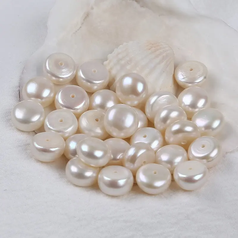 9-10mm AAA grade natural white freshwater button loose pearls half drilled hole wholesale