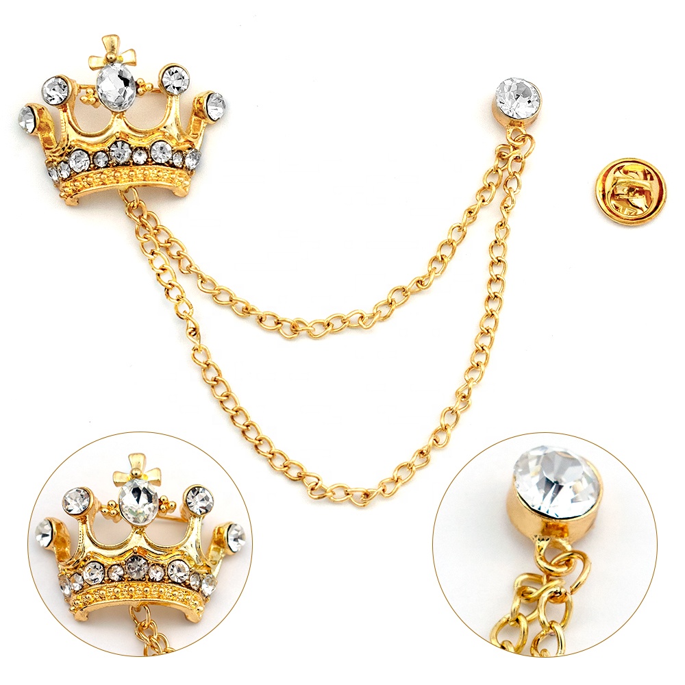 Fashion Brooch Vintage Crystal Crown Chain Pin For Men Jewelry Suits Accessories Lapel Badge Brooch