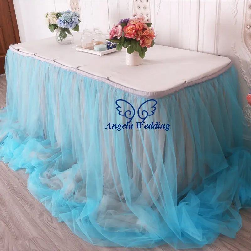 CL072G Необычные различные красивые индивидуальный заказ Раффлед 17ft 21ft серый и синий свадебный стол юбка