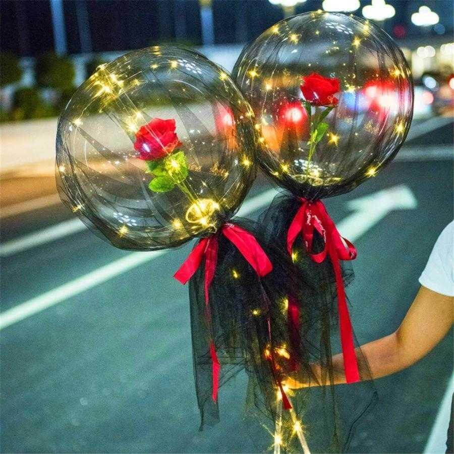 Светодиодный светящийся воздушный шар Букет роз Прозрачный шар Бобо Роза День святого Валентина Подарок День Рождения Свадебные украшения Воздушные шары