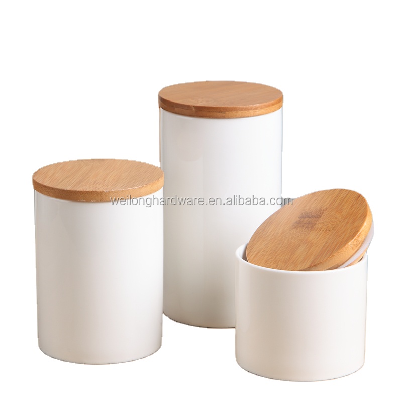 Kitchen set of 3 white metal canister tin storage jar with bamboo lid