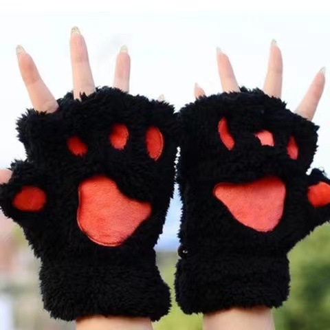 Women Bear Plush Cat Paw Claw Winter Faux Fur Cute Kitten Fingerless Mittens Christmas Halloween for Womens  Z0536
