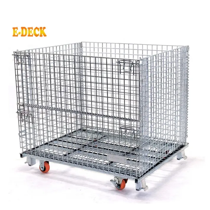 Warehouse folding durable steel safety zinc-coated industrial wire metal storage cage with wheels