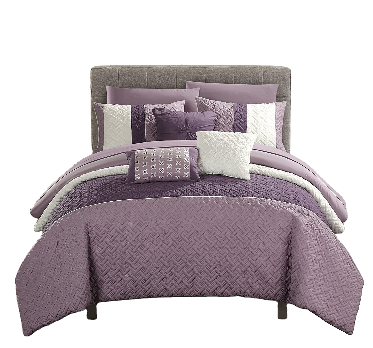 7 Piece detailed quilted embroidered stitching Bag Bedding ,Queen, Plum