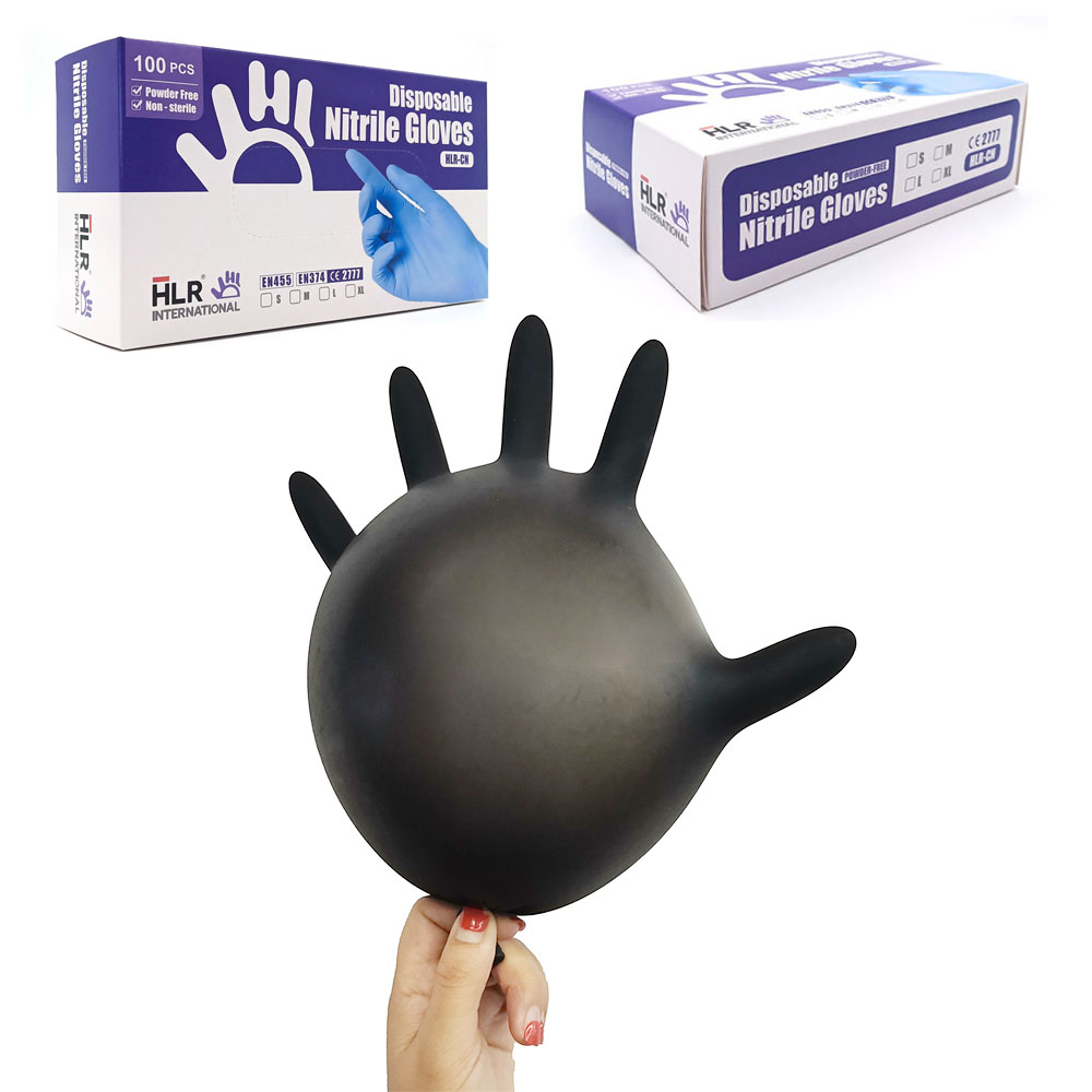 HLR Gloves 4 mil Black Glove EN374 100% Nitrile Non Sterile 100 Pcs/Box Powder Free Disposable Nitrile Gloves for tattoo