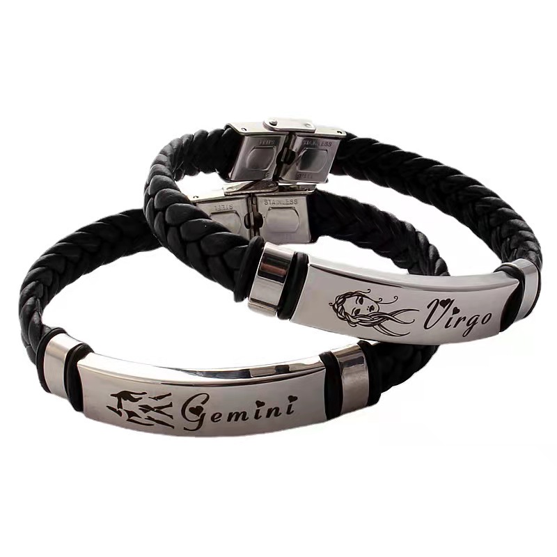 New Design Custom Men 12 Zodiac Signs Stainless Steel Leather Charm Bracelet