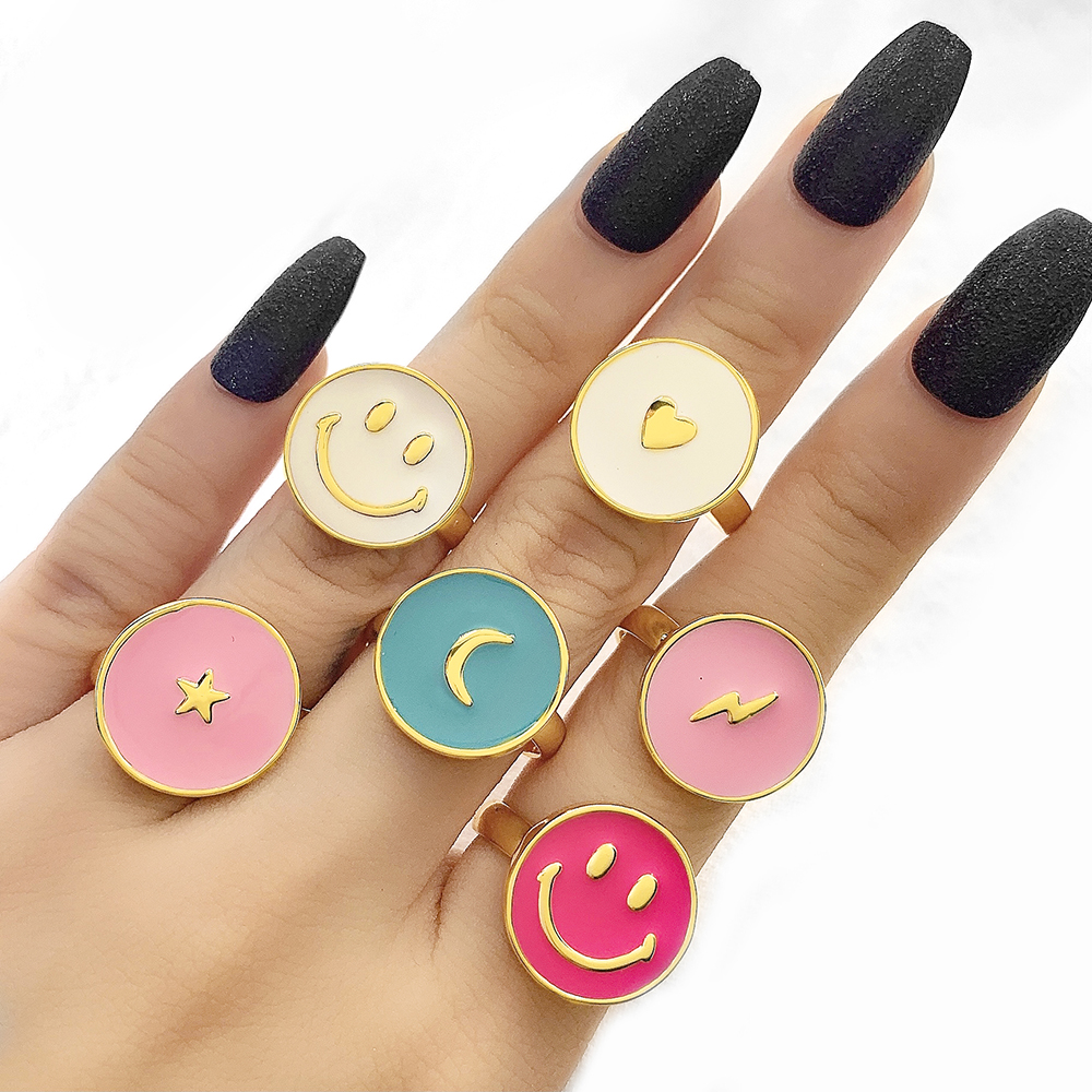 Bling cubic zirconia butterfly ring 18K gold plated jewelry pink smile enamle rings for women girls