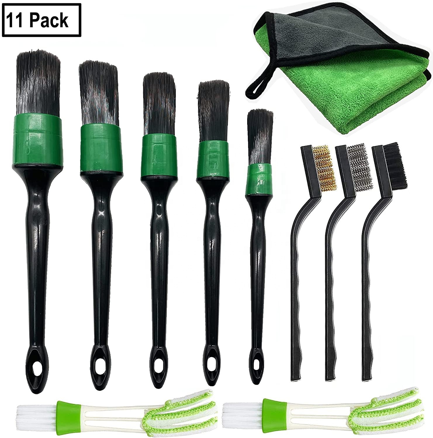 Green 11Pcs Detail Set Car Air Conditioner Vent Brush Car Brush Soft Bristle