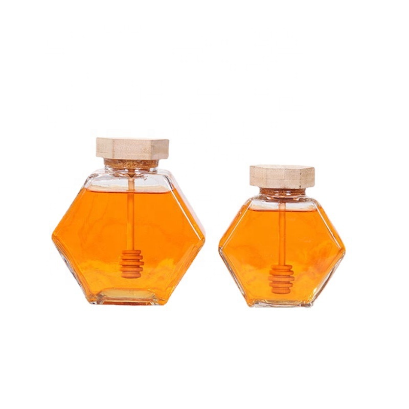 Unique Design hexagonal glass bottle for honey 50ml 100ml 220ml 280ml 370ml 760ml honey luxury glass jar with wooden lid
