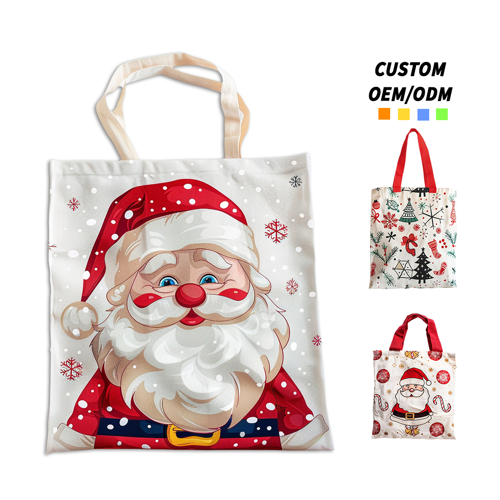 Fashion Reusable Customizable Logo Foldable Christmas Cotton Canvas Tote Bag Shoulder Bags