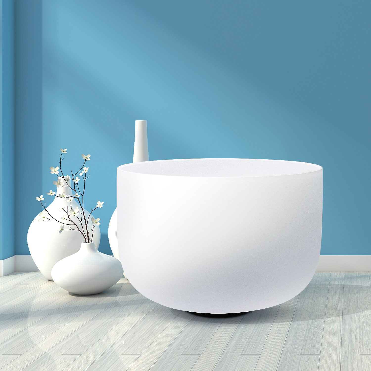 Frosted White Crystal Quartz Singing Bowl with Mallet and Ring 10 inch
