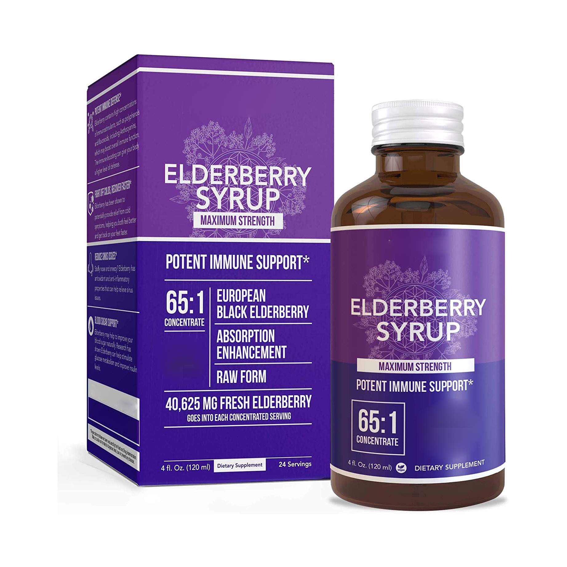 Private label Elderberry Syrup Maximum Strength with Prebiotic Absorption Enhancemen Made with Sambucus Black Elderberries