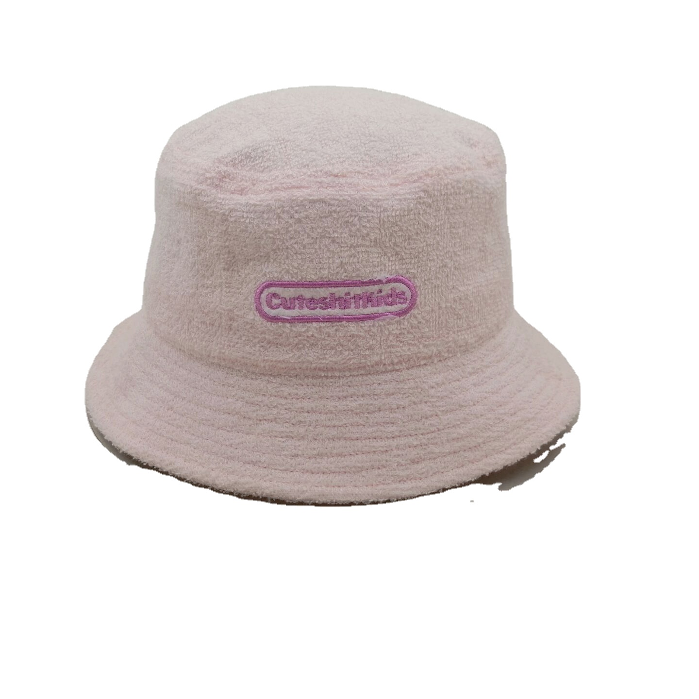 Custom lighter pink terry towel bucket hats with front embroidery caps