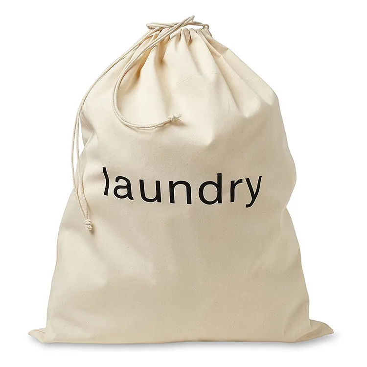 Portable Natural Beige Biodegradable Drawstring Cotton Canvas Cloth Fabric Laundry Bag