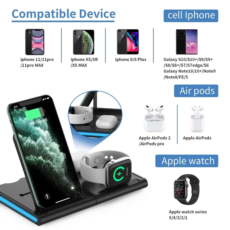 Быстрое беспроводное зарядное устройство LD 4 в 1 15 Вт Qi для Airpods Apple Watch 6 5 4 3 2 1, зарядная станция для Iphone X XS 12 11 Pro MAX