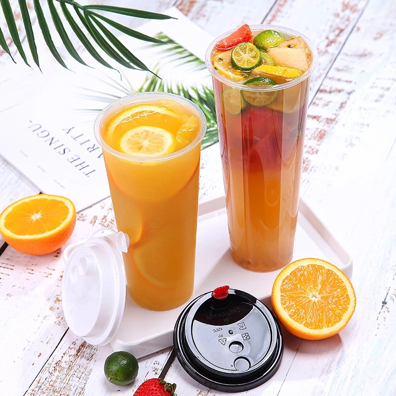 Iced Cold Drinks Coffee Tea Smoothie Bubble Boba Disposable,Heavy Weight Clear Plastic Cups With Black Lids