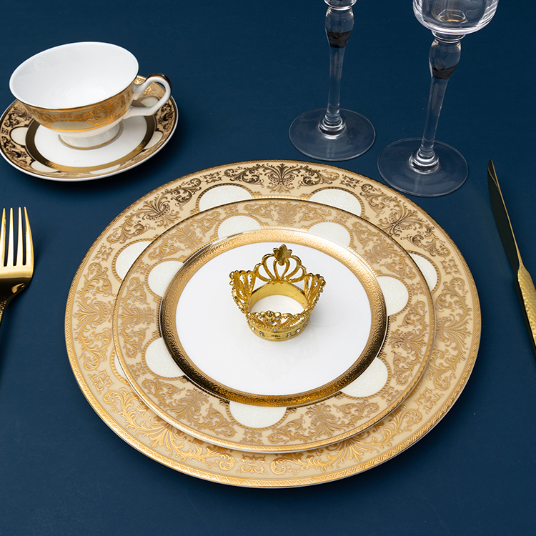 factory price gold rim embossed decal geschirr tableware dinnerware vajilla boda charger plates wholesale