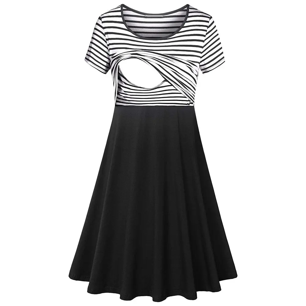 XQM Summer New Maternity Clothes Solid Color Round Neck Short-sleeved Maternity Dress Mother Breastfeeding Dress