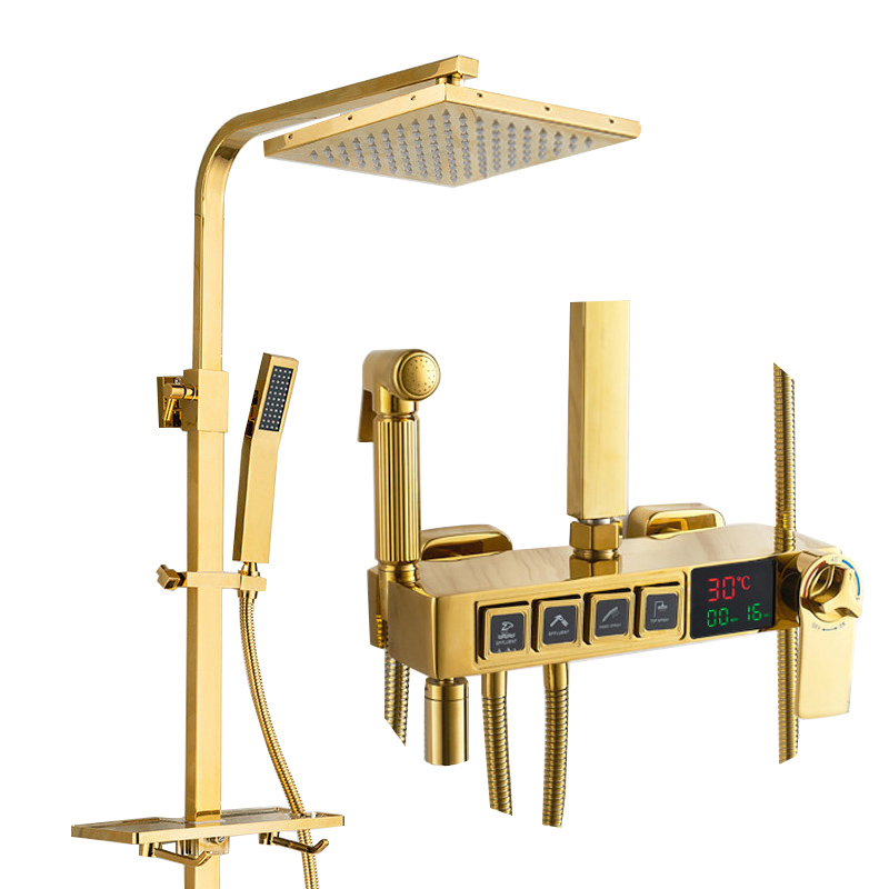Gold Bathroom Shower Set Senducs Stainless Steel Rainfall Shower Head Brass Bathtub Faucet Digital Thermostatic Shower Set
