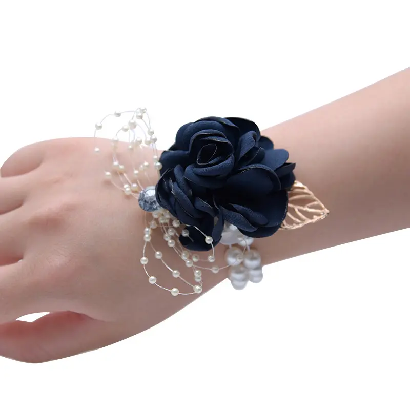 Hot sale rose artifical flower corsage with rhinestone elastic bracelet prom wedding graduation party hand flower