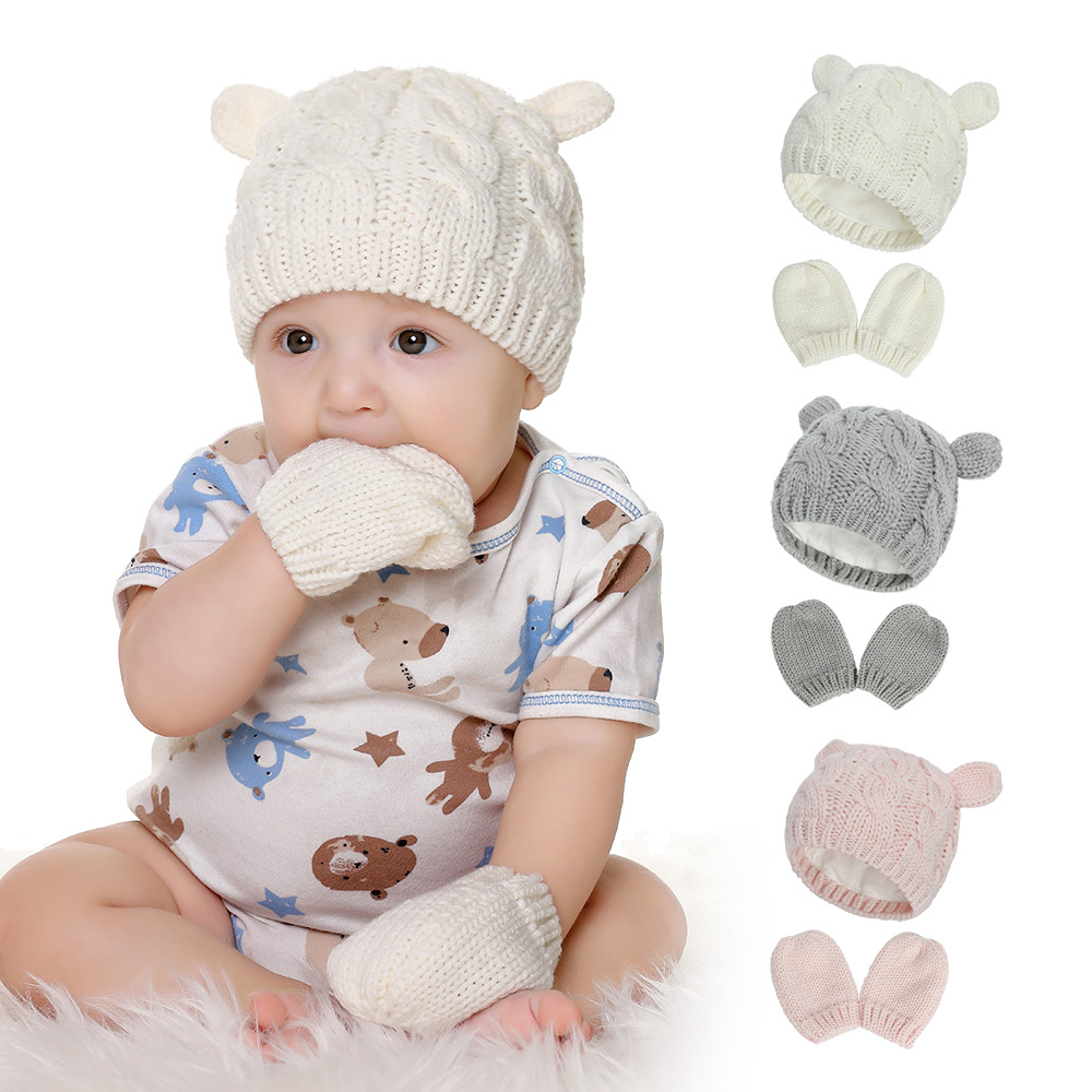 newest design Soft Knitted Toddler Infant Newborn Baby Beanie Hat and Mitten Gloves Set for Winter Cold Weather