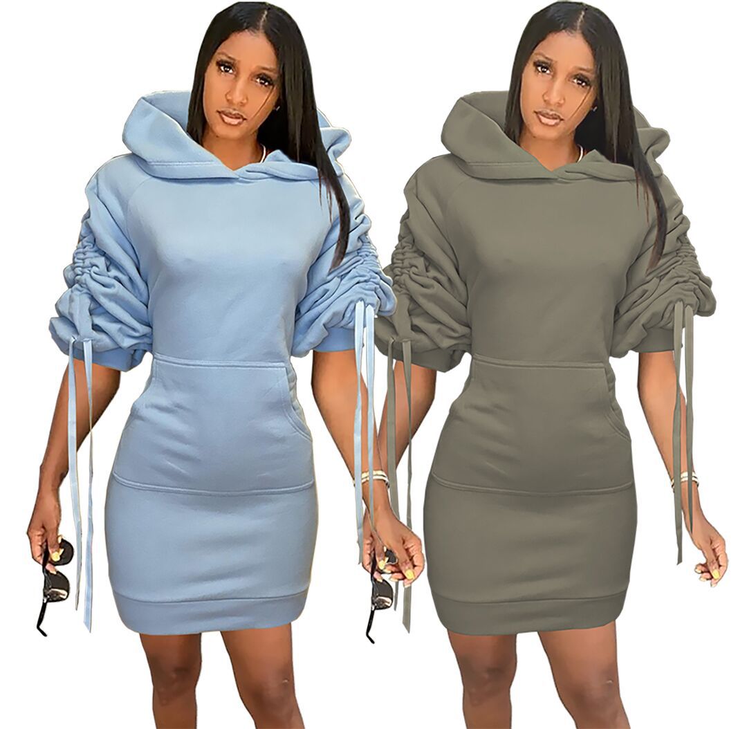 2021 Fall Winter dress Puffy sleeves dress Casual Hoodie Ruched Fleece Slim Dress Women