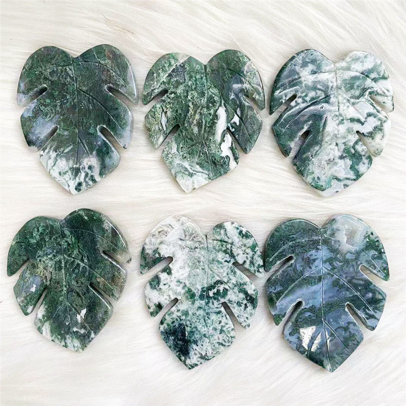 Leaf Shaped Moss Agate Crystals Natural Hand Carved Green Moss Agate Crystal Palm Leaf For Home Decoration