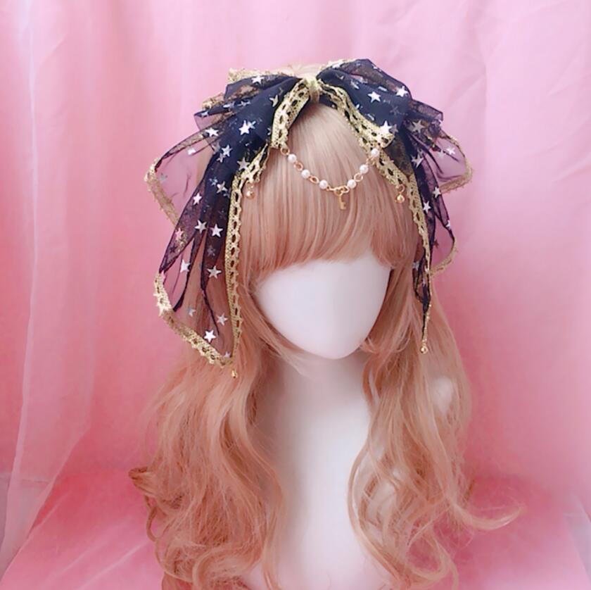 2021 Lolita Kawaii Bow Lace Trim Bell Pendant Headband Fairy Cosplay Headwear Hair clasp KC Hair Band Stars Hair Accessories