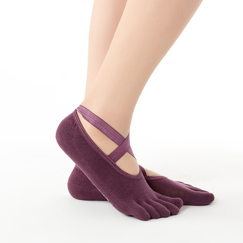 Women Solid Color purple Anti Slip Durable 5 Toes Cross Strip Fixed Cotton Ballet Yoga Socks