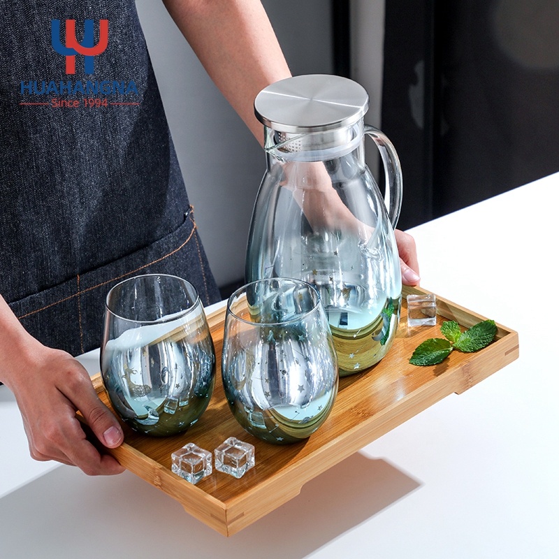 Large Capacity Heat Resistance Sky Blue Glass Pitcher Set with Stainless Steel Lids for Home Hotel Restaurant